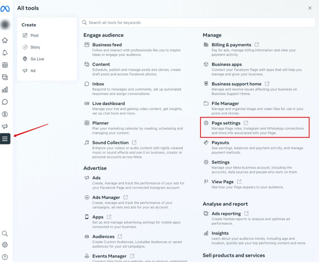 Add a person on Meta Business Suite by going to All Tools and clicking on Page settings.