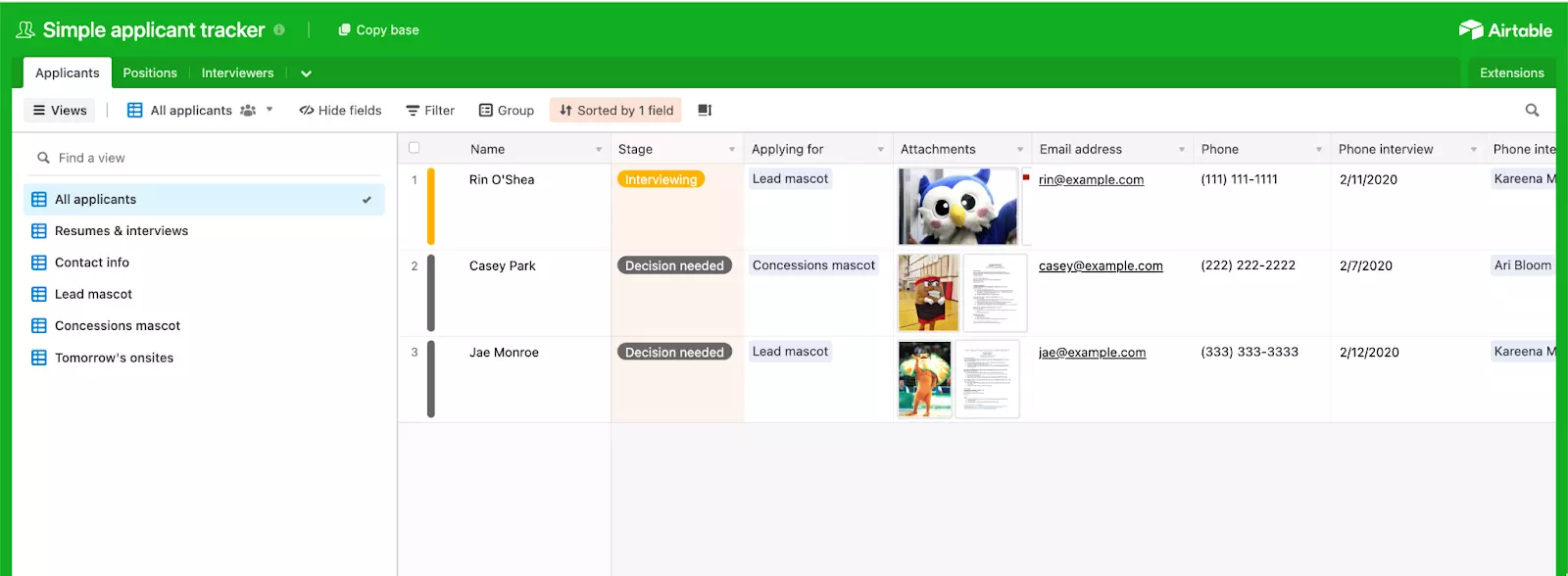 Vue : Ressources humaines sur Airtable