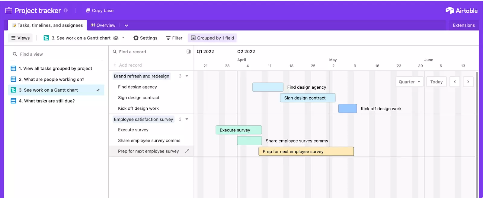 Vue Timeline pour de la gestion de projet sur Airtable