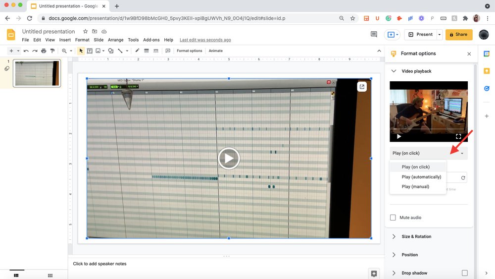 Google Slides format options play on click