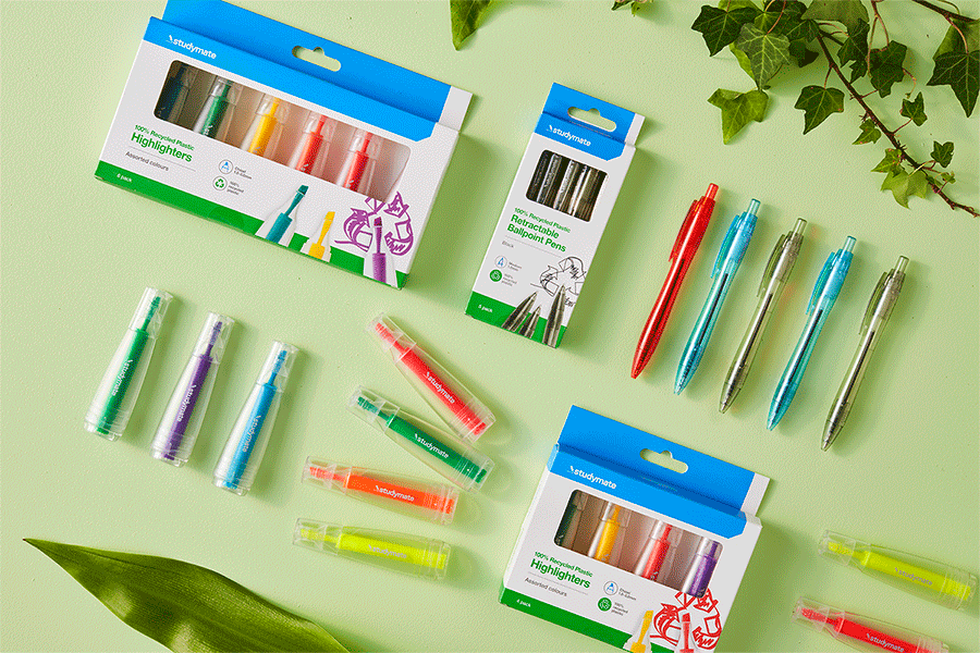 Officeworks Highlighters and pens made from recycled plastic provide a greener choice.