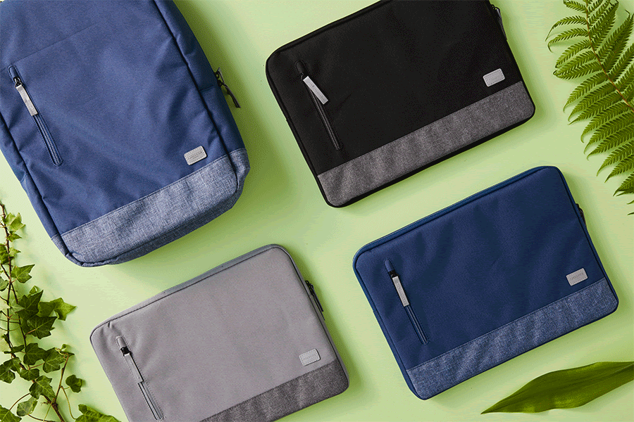 Backpacks and laptop sleeves made from recycled PET bottles.