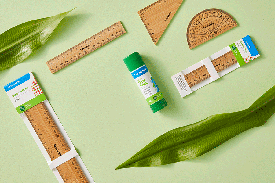 Choose biodegradable starch glues and bamboo products for this back to school.