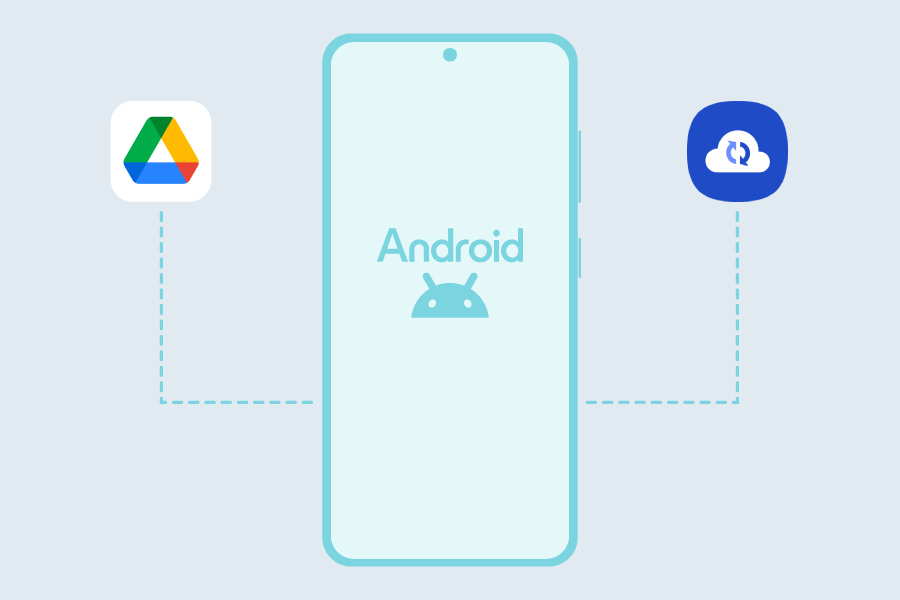 An illustration of an Android phone with dotted lines linking to the Google Drive and Samsung Cloud logos to represent backing up a phone to a cloud service.