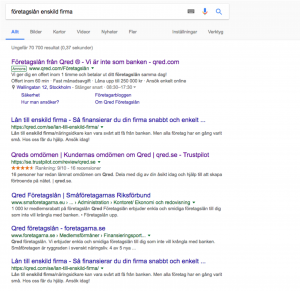 qred företagslån seo sökresultat på google