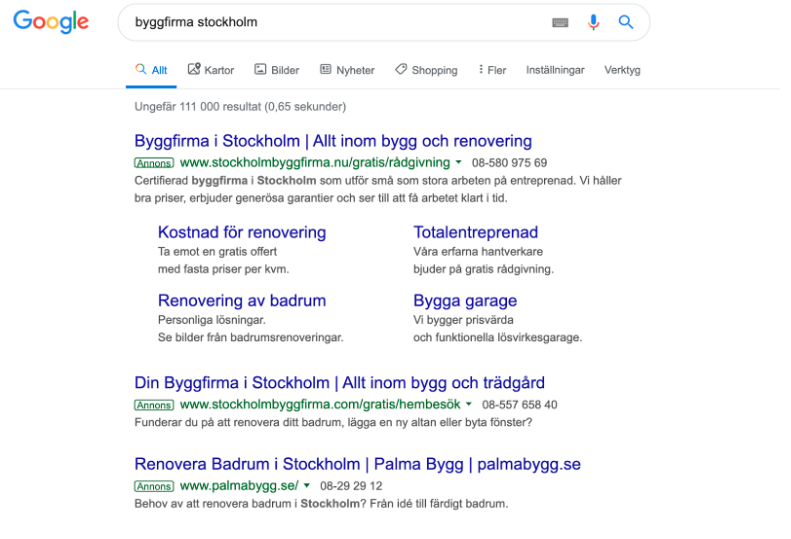 Google resultatsida för byggfirma stockholm