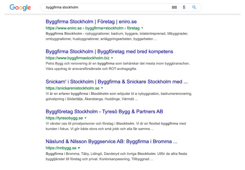 SERP för byggfirma stockholm på Google