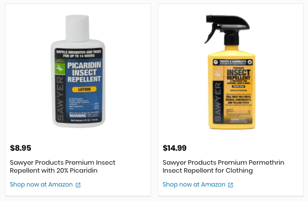 Sawyer Picaridin insect repellent bottle on left and Sawyer premium permethrin bottle on right