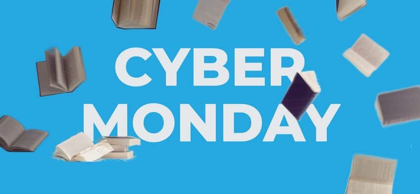 Open and closed books surrounding Cyber Monday text