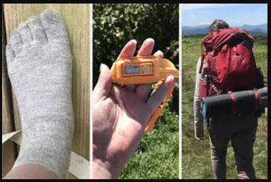 Foot in toe socks on left, a hand holding a headlamp in the middle and a hiker with backpack on right