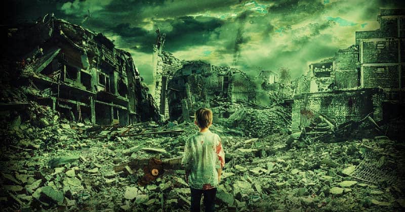 Photo illustration child standing in ruins