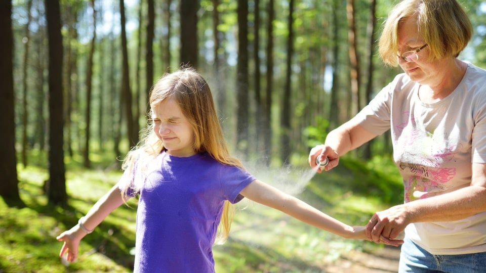 Mother spraying bug spray on daughter