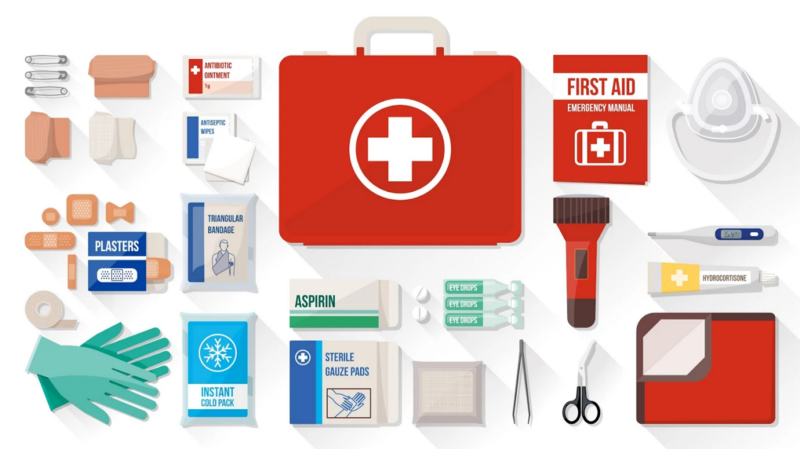 visual of first aid kit, nurse skills