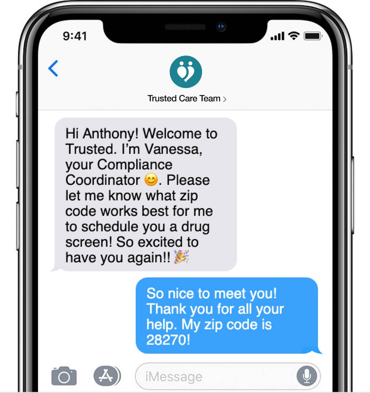 screenshot of iphone text conversation between trusted care team and working nurse trusted health care team communication