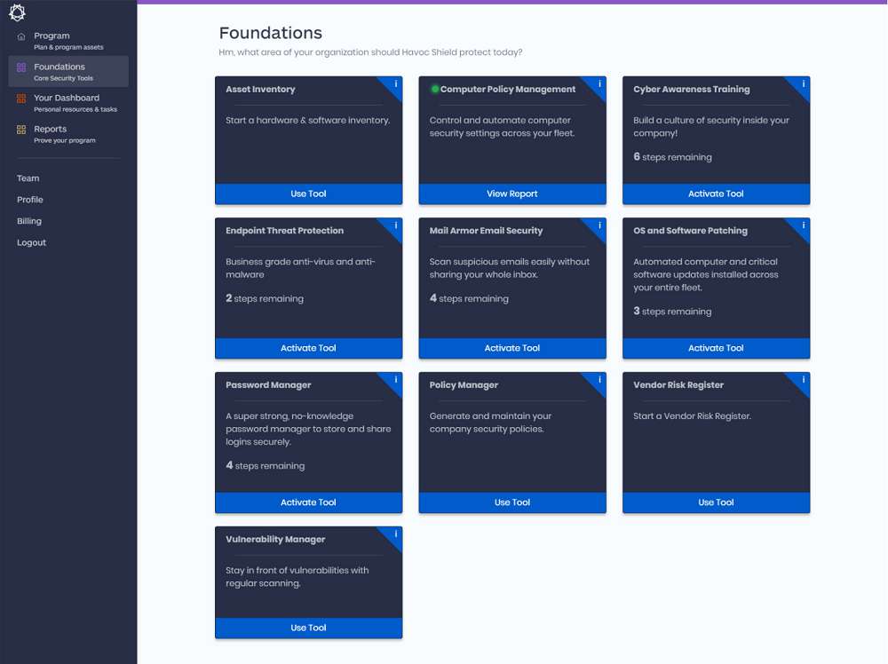 Screenshot of Havoc Shield app