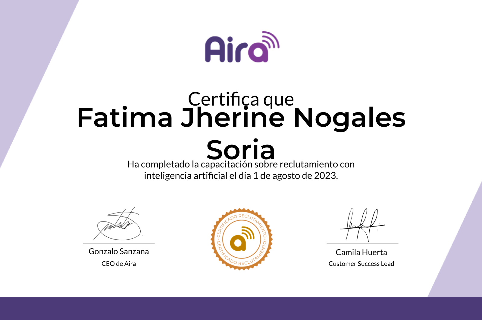 Certificado Fatima Jherine Nogales Soria Aira Certificate