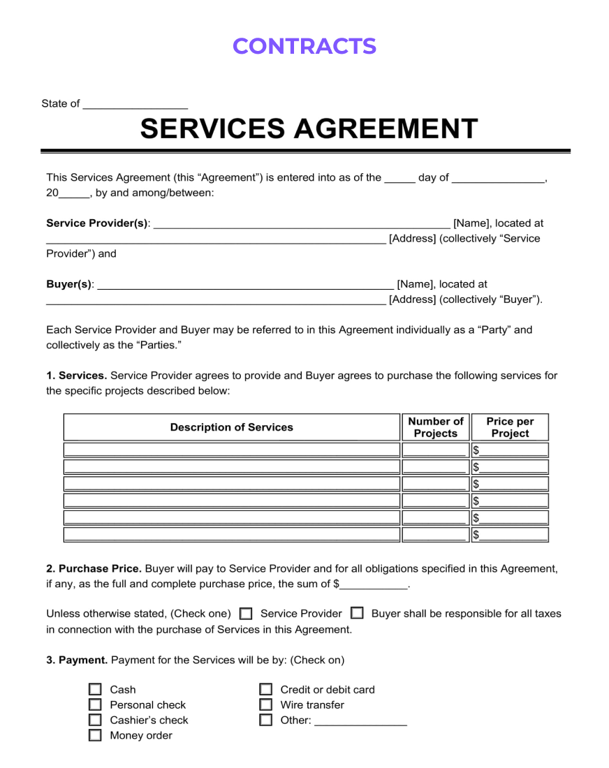 Service Agreement form featuring a title, client and provider information, service details, fee structure, and terms and conditions, laid out in a classic typewriter font on a simple background.