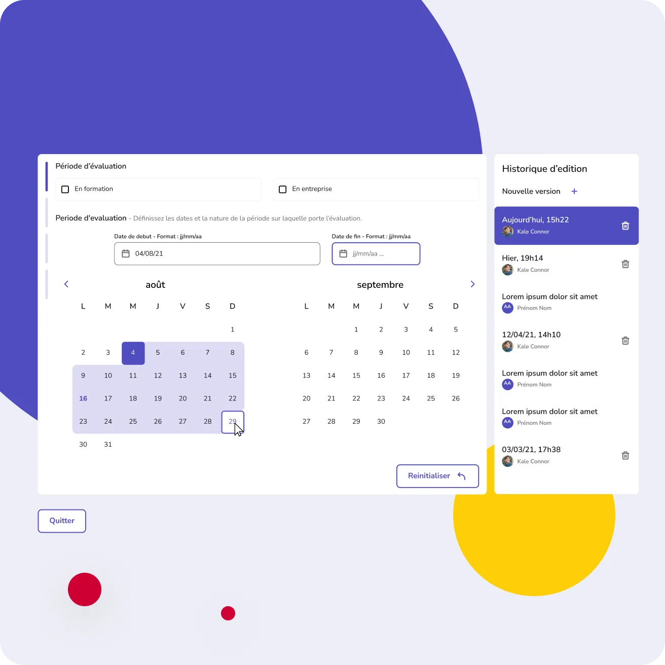 Vue calendrier de la période d'évaluation