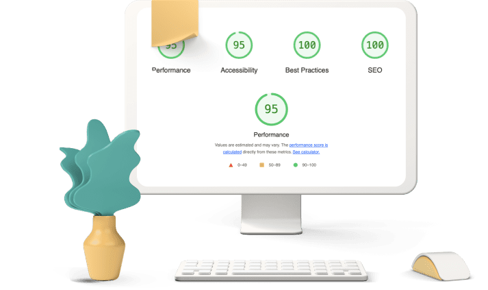 Ordinateur avec les résultats de l'audit de performance google lighthouse à 95 points
