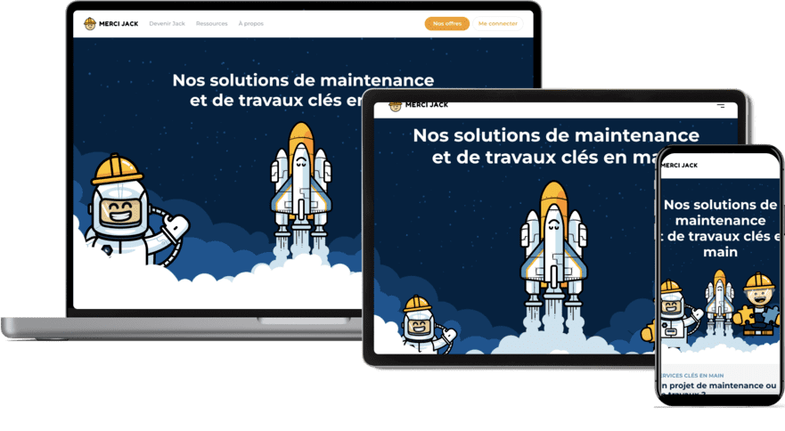Affichage du site mercijack.co sur 3 devices différentes : ordinateur portable, tablette et téléphone