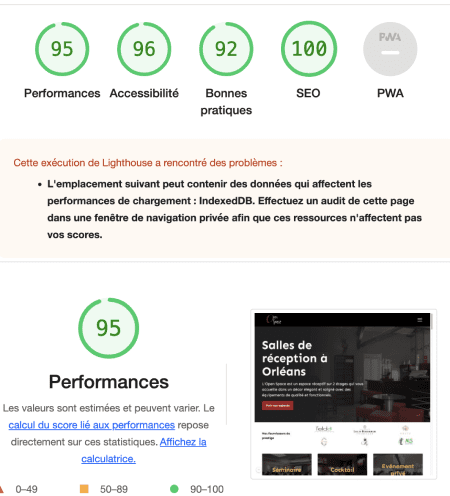 Audit Lighthouse du site Open Space avec des notes supérieurs à 90