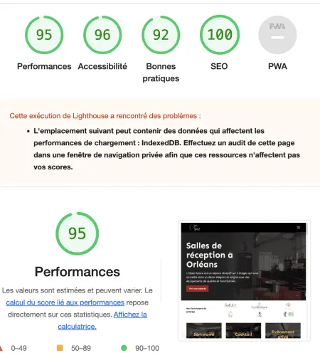 Audit Lighthouse du site Open Space avec des notes supérieurs à 90