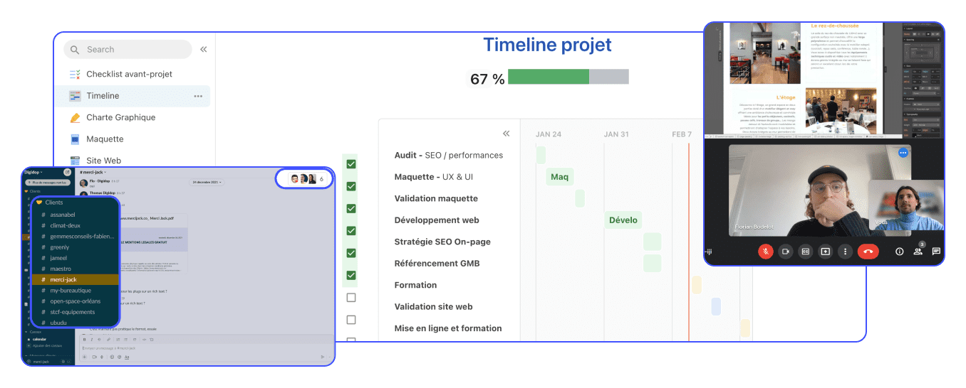 Gestion de projet sur Coda, Slack et Google meet d'un projet web