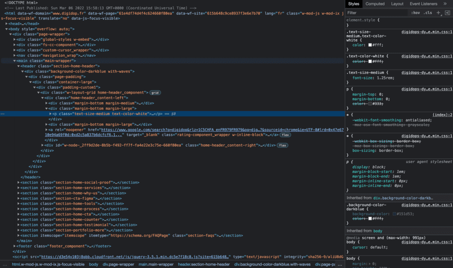 Capture d'écran du code HTML et CSS du site Webflow de Digidop.fr