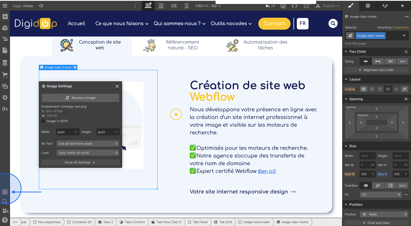 Tutoriel where to click audit webflow designer