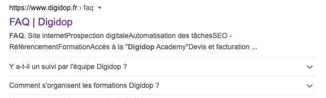 Extrait de données enrichis type FAQ de Digidop