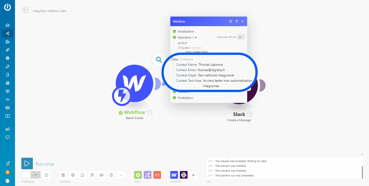 Nouvelles données dans le webhook webflow sur Integromat