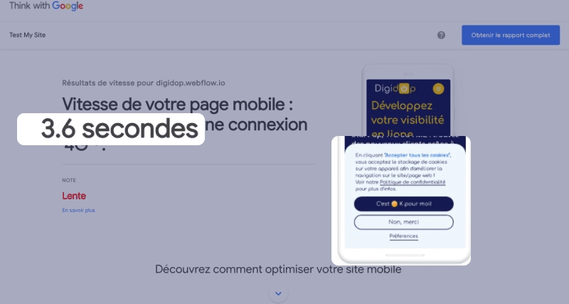 Capture d'écran de performance de site en version mobile avec Test My Site, think with Google affichant un rapport de délai de 3,6 secondes