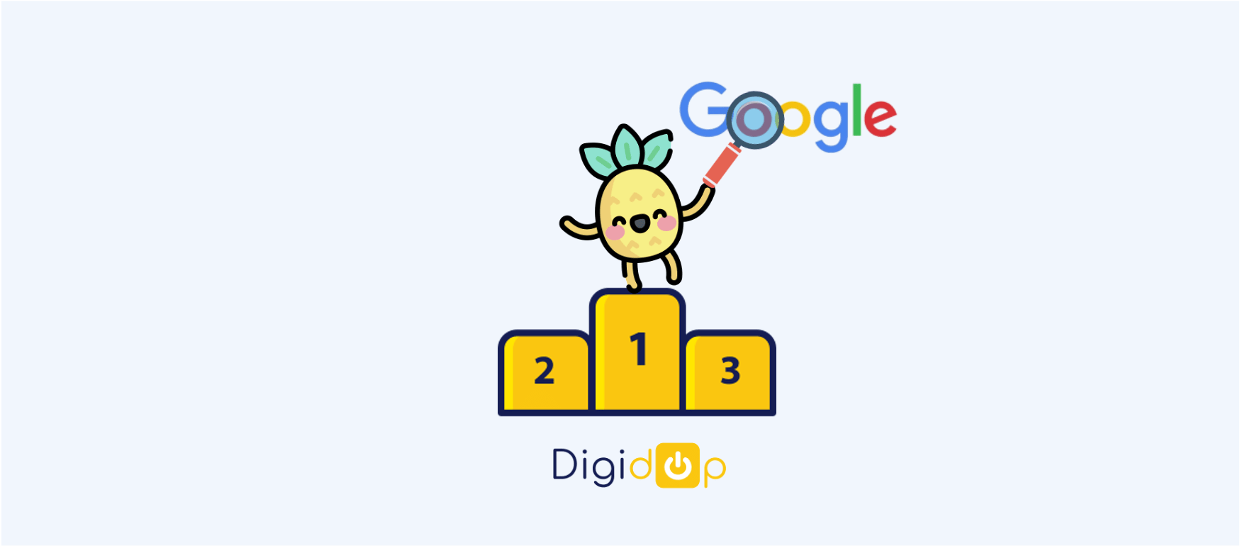 Icone digidop sur un podium à la première place avec une loupe et le logo de Google