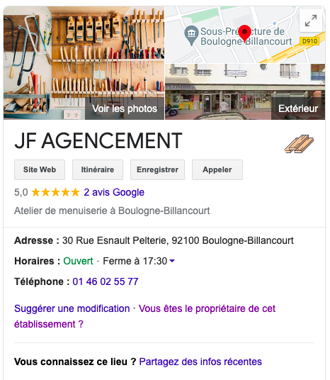 Exemple de fiche Google My Business