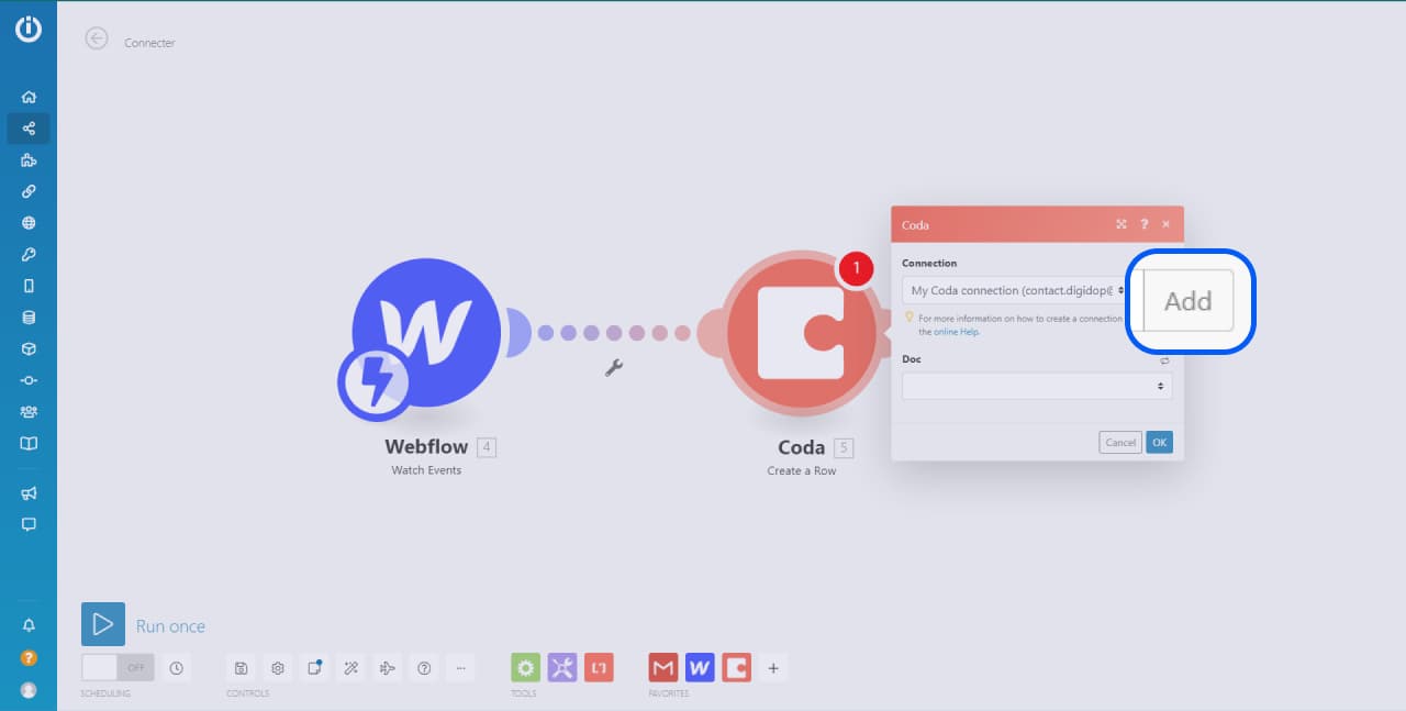 Interface Integromat avec focus sur le bouton "add"