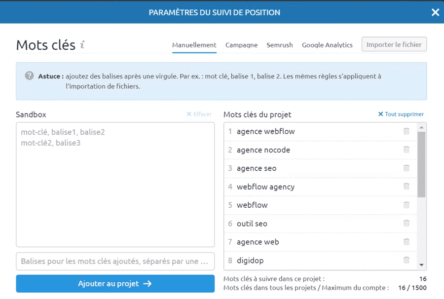 Capture d'écran da fonctionnalité pour ajouter des mots-clés analyser dans les paramètres de suivi de position sur SEMRush