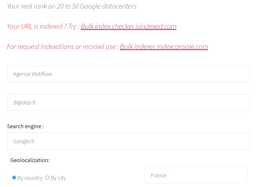 Capture d'écran du champ de requête de SEO Hero Ninja pour évaluer le positionnement de Digidop.fr sur la requête Agence Webflow