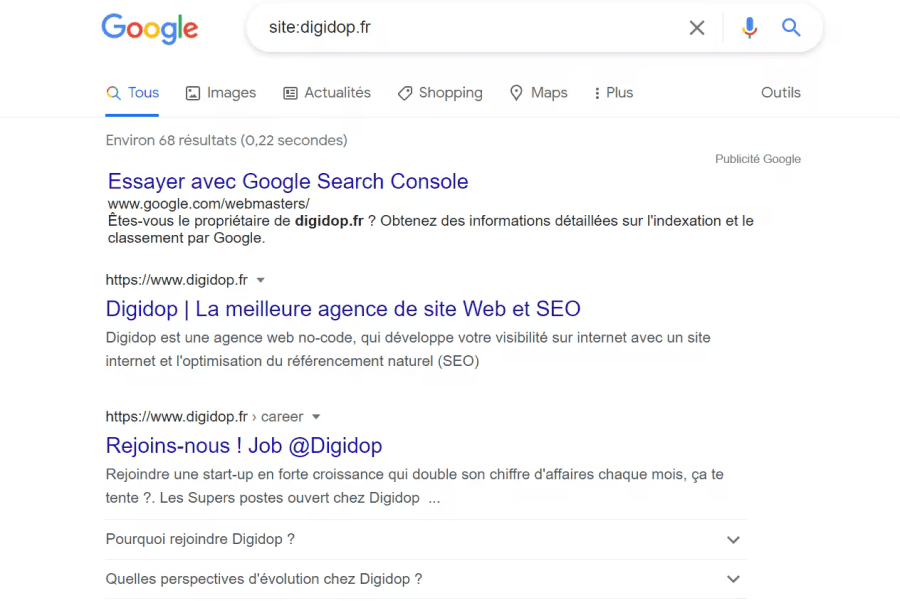 Capture d'écran du résultat de la requête site:digidop.fr sur Google pour voir les pages de Digidop.fr indexées par Google