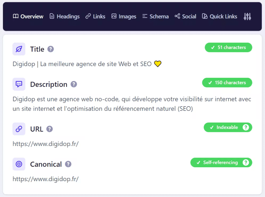 Capture d'écran de la vue globale du rapport SEO de la page d'accueil de Digidop.fr à partir de l'extension chrome Detailed SEO Extension