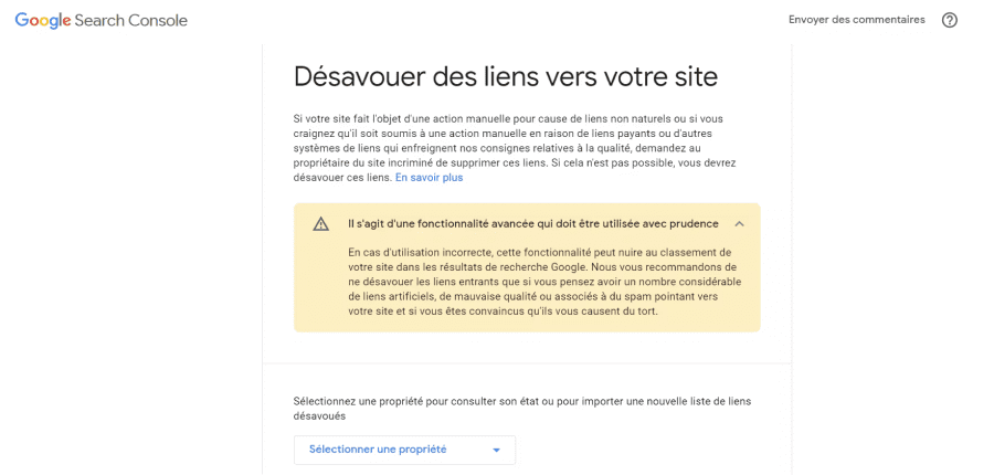 Capture d'écran de la page d'accueil de l'outil de désaveu de liens vers son site de Google