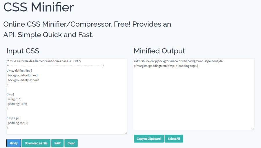 Capture d'écran d'un code CSS minifier à partir de CSS Minifier