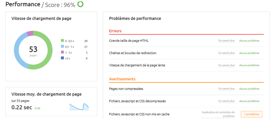 Capture d'écran du score de performance de Digidop.fr sur SEMRush avec une analyse de la vitesse de chargement des pages