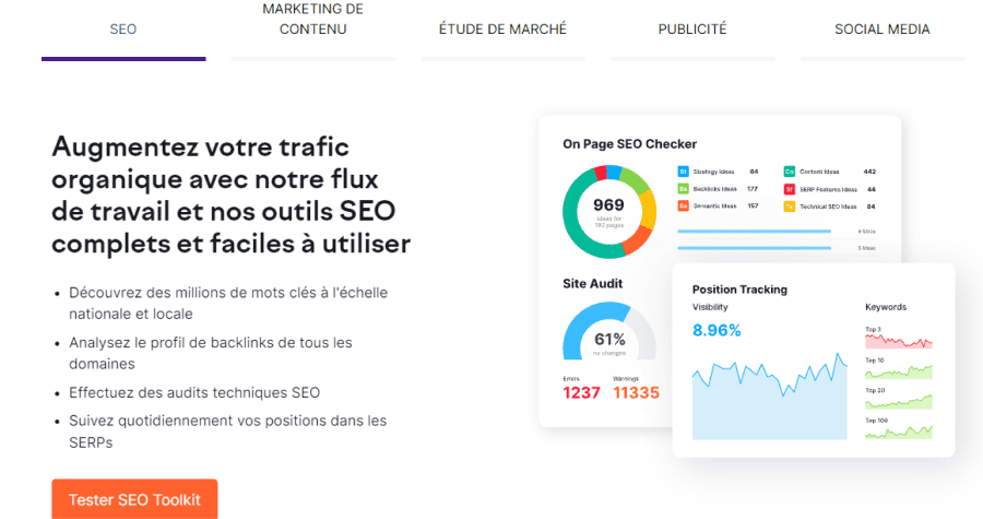 Capture d'écran de la page d'accueil de SEMRush