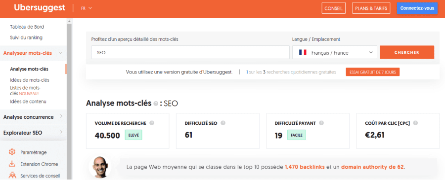 Capture d'écran de la page d'accueil d'Ubersuggest