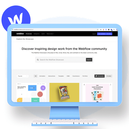 Capture d'ecran du Webflow Showcase sur un ordinateur avec logo Webflow en arrière plan