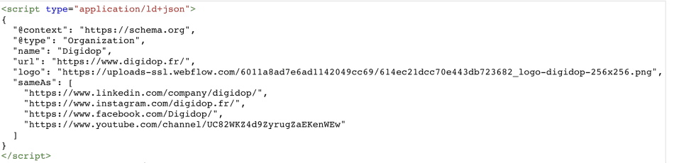 Données structurées schema.org avec JSON + LD de Digidop.fr pour les réseaux sociaux avec "SameAs"