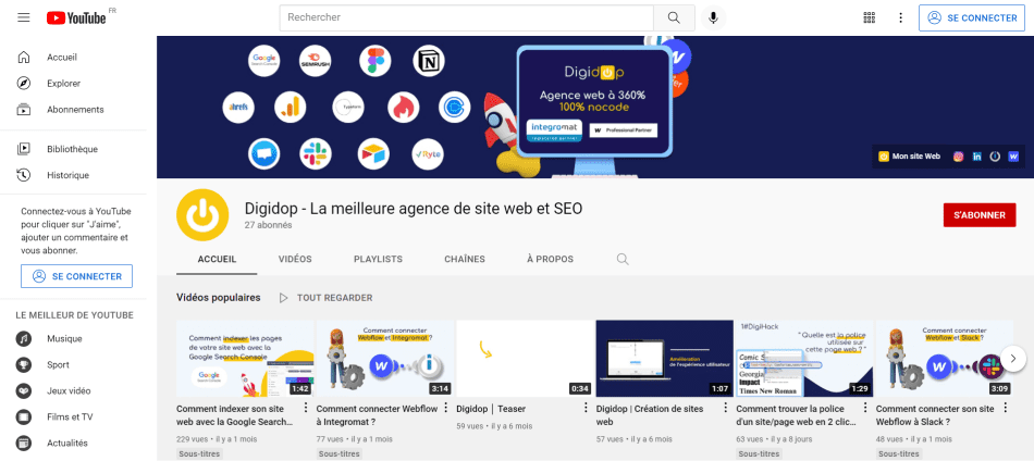 Capture d'écran de la page d'accueil de la chaine YouTube de Digidop