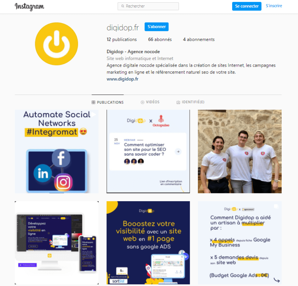 Capture d'écran de la page d'accueil du compte de Digidop sur Instagram
