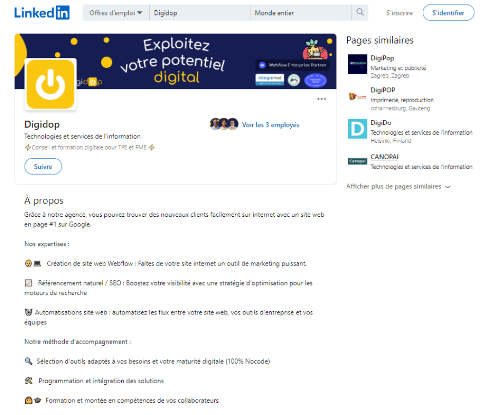 Capture d'écran de la page d'accueil du compte de Digidop sur LinkedIn