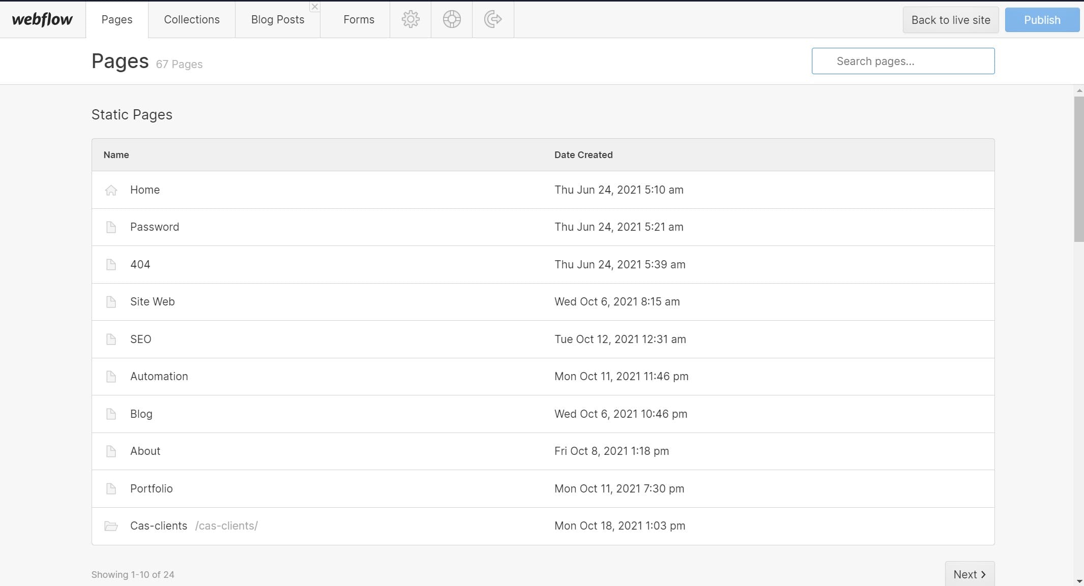 Interface du mode éditeur de Webflow